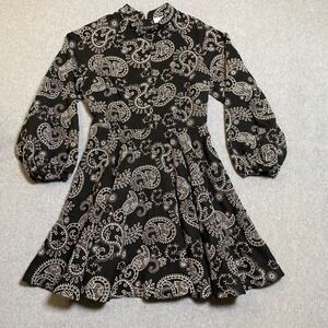 Lovelo Paisley Mini Dress Women's Small Black White Balloon Sleeve Mock Neck EUC